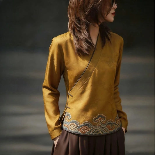 Chinese Style Women'S Blouses Printed Vintage Shirts Fashion Loose Fit Spring/Summer Clothing Long Sleeve V-Neck Women Top