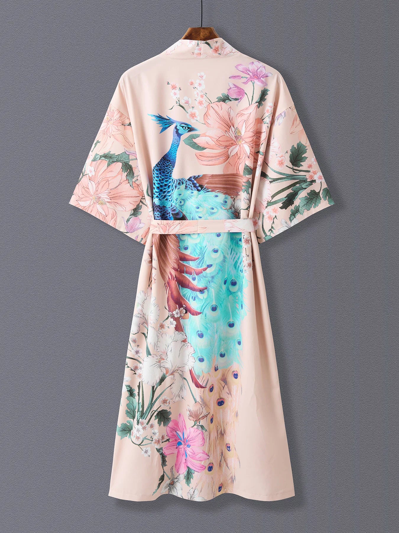 Europe and the United States Elegant Style Retro Peacock Flower Print in the Long Kimono Cardigan Thin Coat Women'S Spring Summe