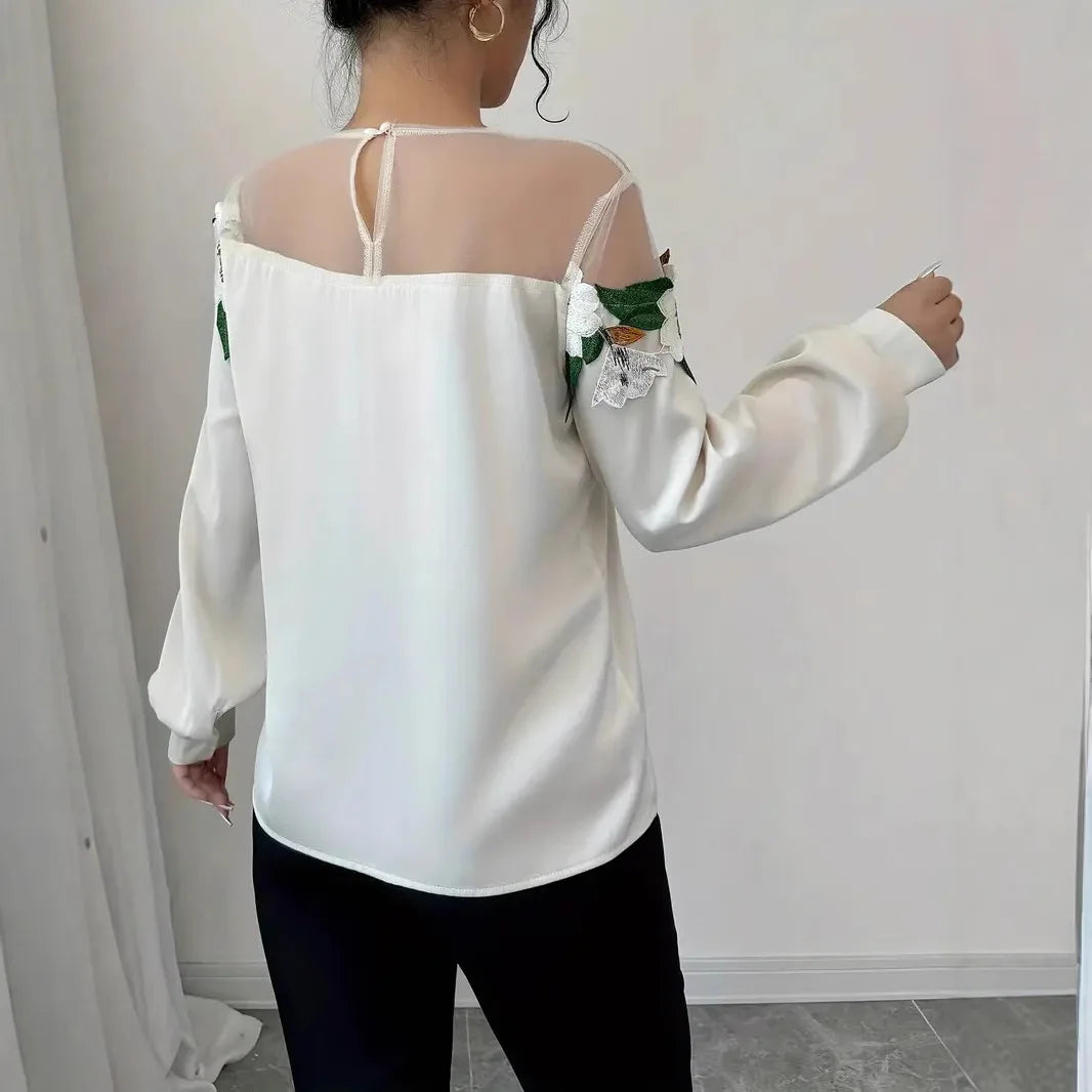 Blouse Women 2026 Casual Summer New Spring New Featuring Mesh Fabric Patchwork Embroidery Shirt Women'S Clothing