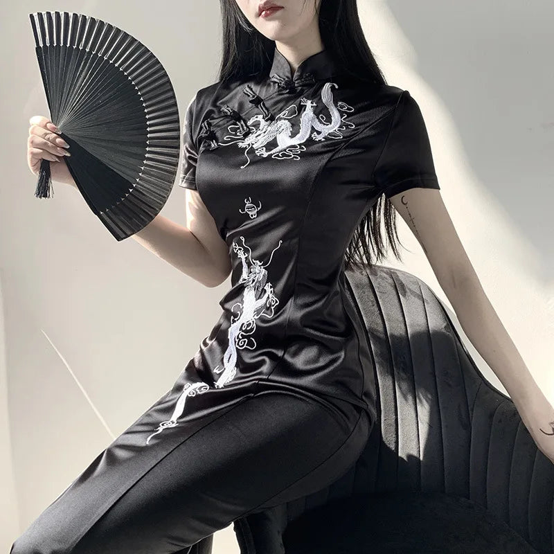 Women Japanese Style Cheongsam Retro Chinese Traditional Dragon Embroidery Long Qipao Split Dress Elegant Ladies Party Clothing