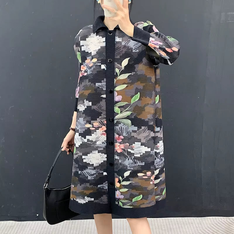 Wholesale Trendy Print Button down Shirt Style Knee Length High Density Fabric Women Plisse Gown Dress