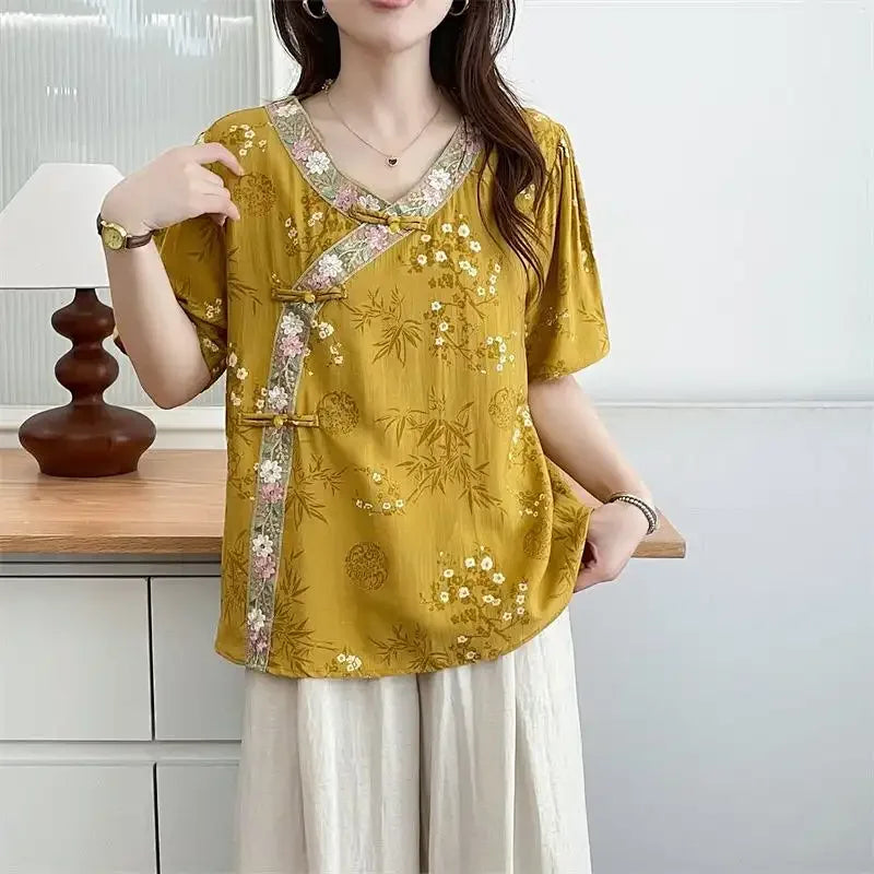 Women'S Vintage Bamboo Print Cheongsam Collar Linen Blouse Casual 3/4 Sleeve Tunic Top