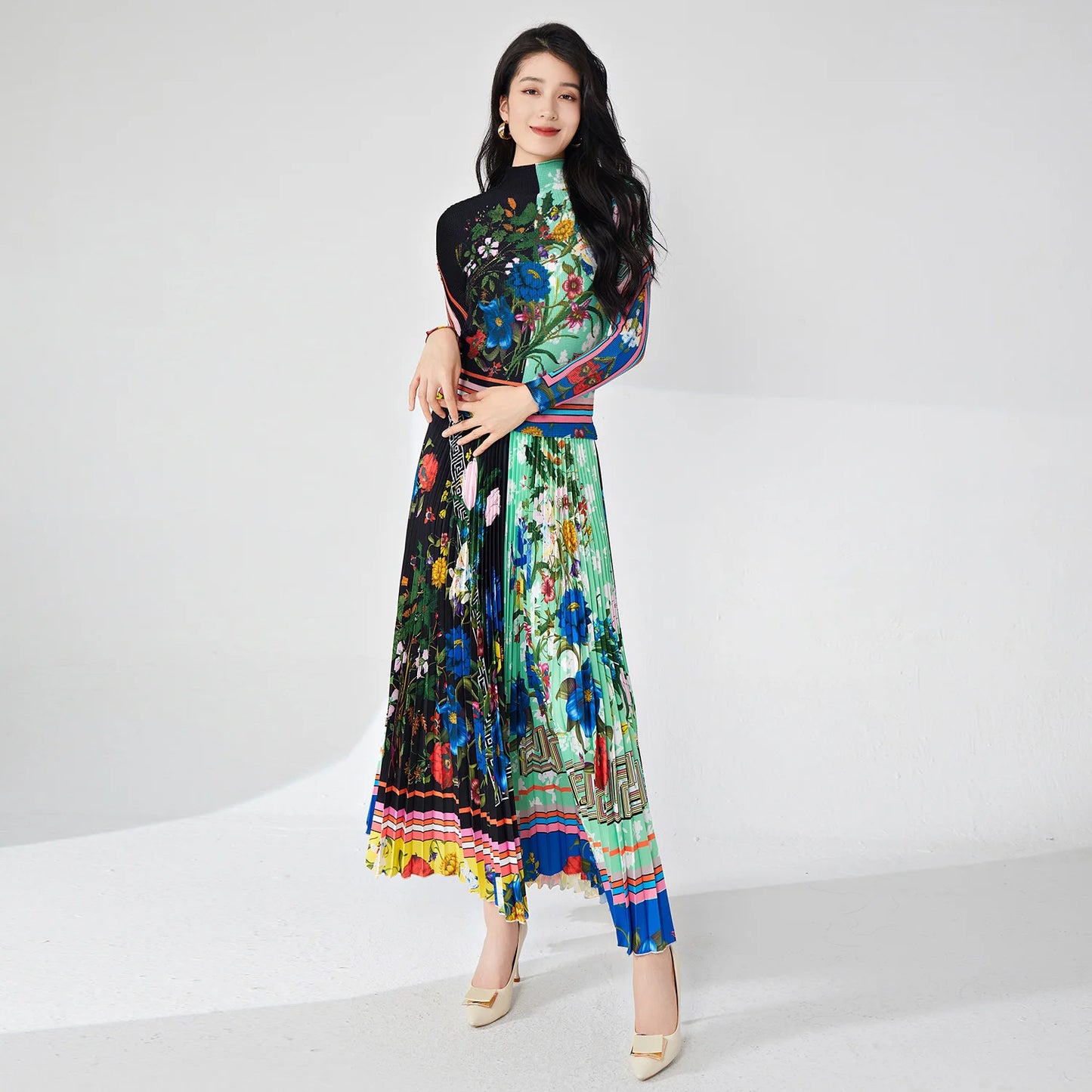 Women'S High Quality Elegant Loose Casual Style Two-Piece Set Summer Polyester Top and Midi Length Pleated Skirt