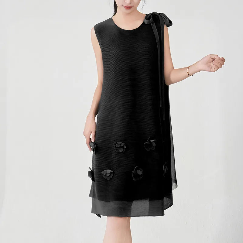 Miyake Pleated Sleeveless Dress Women Fashion 3D Flower Spliced Lace-Up Design Solid Color Dresses Casual 2025 New Clothing