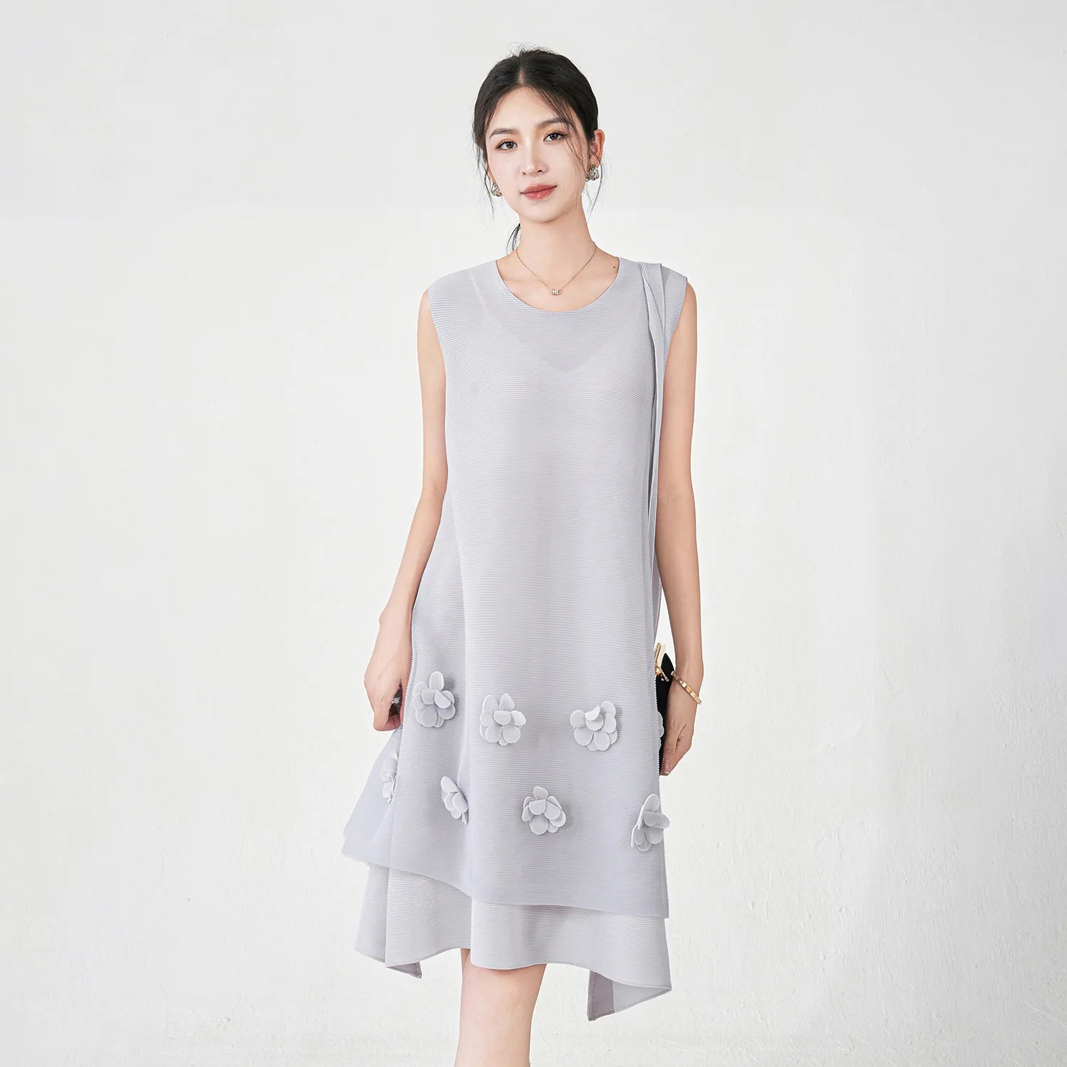 Miyake Pleated Sleeveless Dress Women Fashion 3D Flower Spliced Lace-Up Design Solid Color Dresses Casual 2025 New Clothing