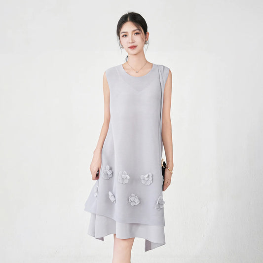 Miyake Pleated Sleeveless Dress Women Fashion 3D Flower Spliced Lace-Up Design Solid Color Dresses Casual 2025 New Clothing