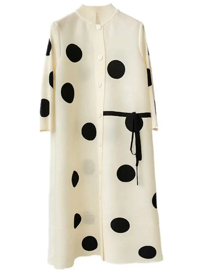 Stand Collar Pleated Dress 2025 Autumn Single Breasted Drawstring Dot Printing Festival Clothing Women Elegant 25D1062