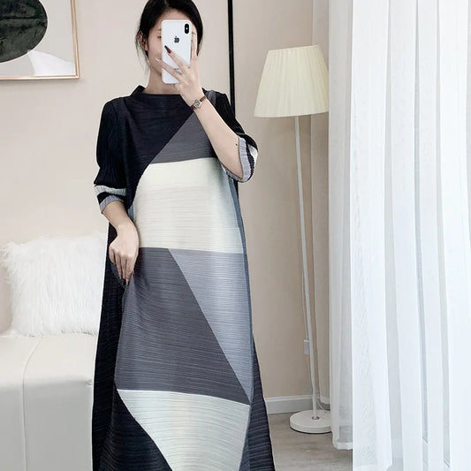 2025 Miyake Pleated New Spring Temperament High End Black Loose Casual Party Long Dress Female
