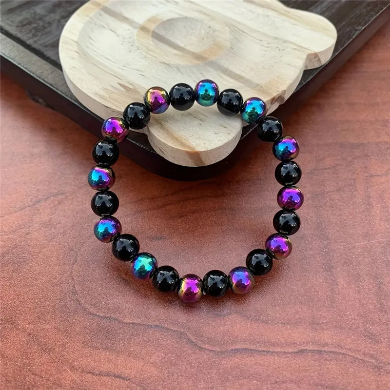 1Pc Bohemian Style 8Mm Rainbow Obsidian Agate Bracelet - Unisex Handmade Jewelry, Suitable for Daily Wear, Party, and Gifts