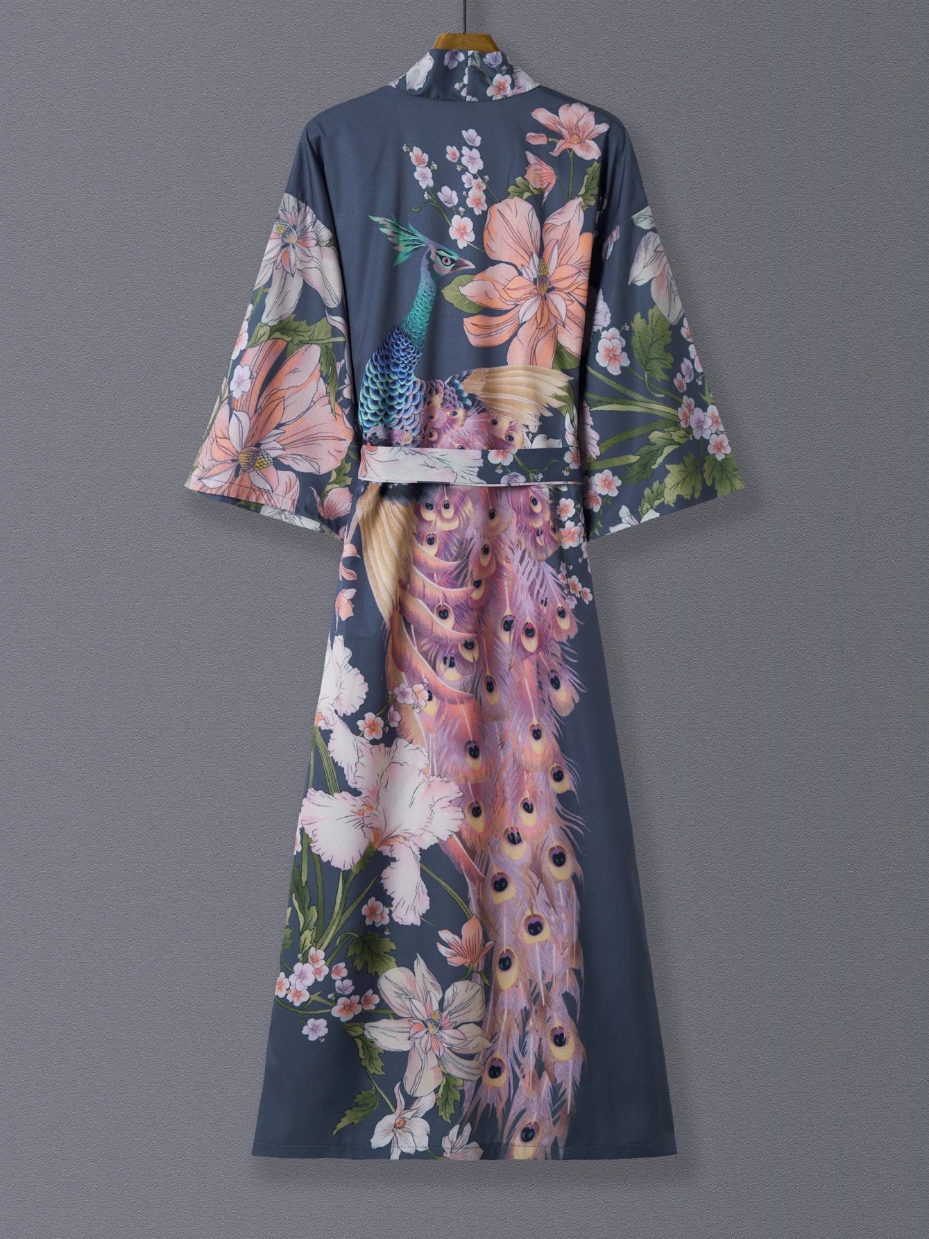Europe and the United States Elegant Style Retro Peacock Flower Print in the Long Kimono Cardigan Thin Coat Women'S Spring Summe
