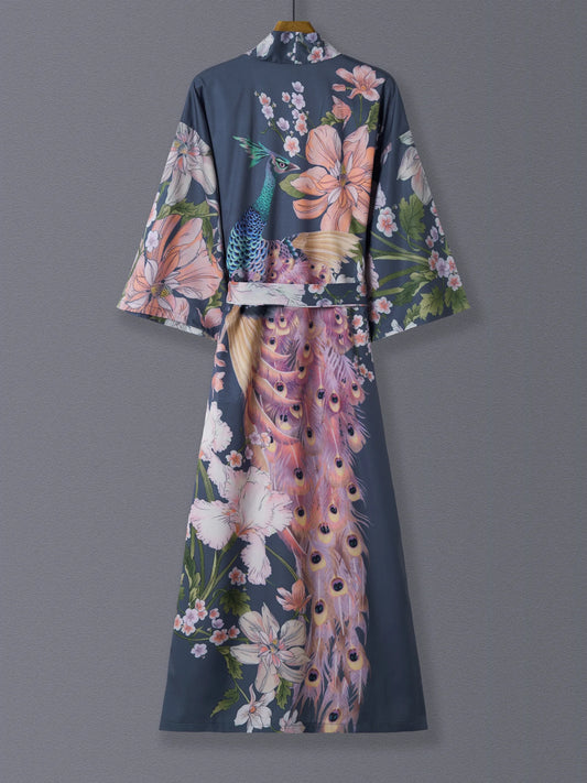 Europe and the United States Elegant Style Retro Peacock Flower Print in the Long Kimono Cardigan Thin Coat Women'S Spring Summe