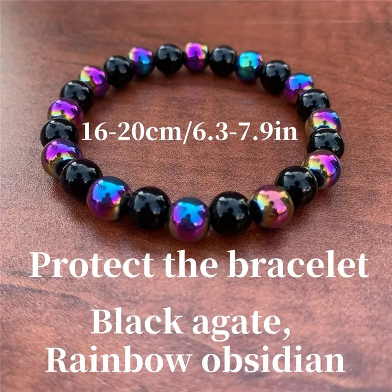 1Pc Bohemian Style 8Mm Rainbow Obsidian Agate Bracelet - Unisex Handmade Jewelry, Suitable for Daily Wear, Party, and Gifts