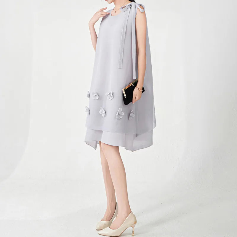 Miyake Pleated Sleeveless Dress Women Fashion 3D Flower Spliced Lace-Up Design Solid Color Dresses Casual 2025 New Clothing