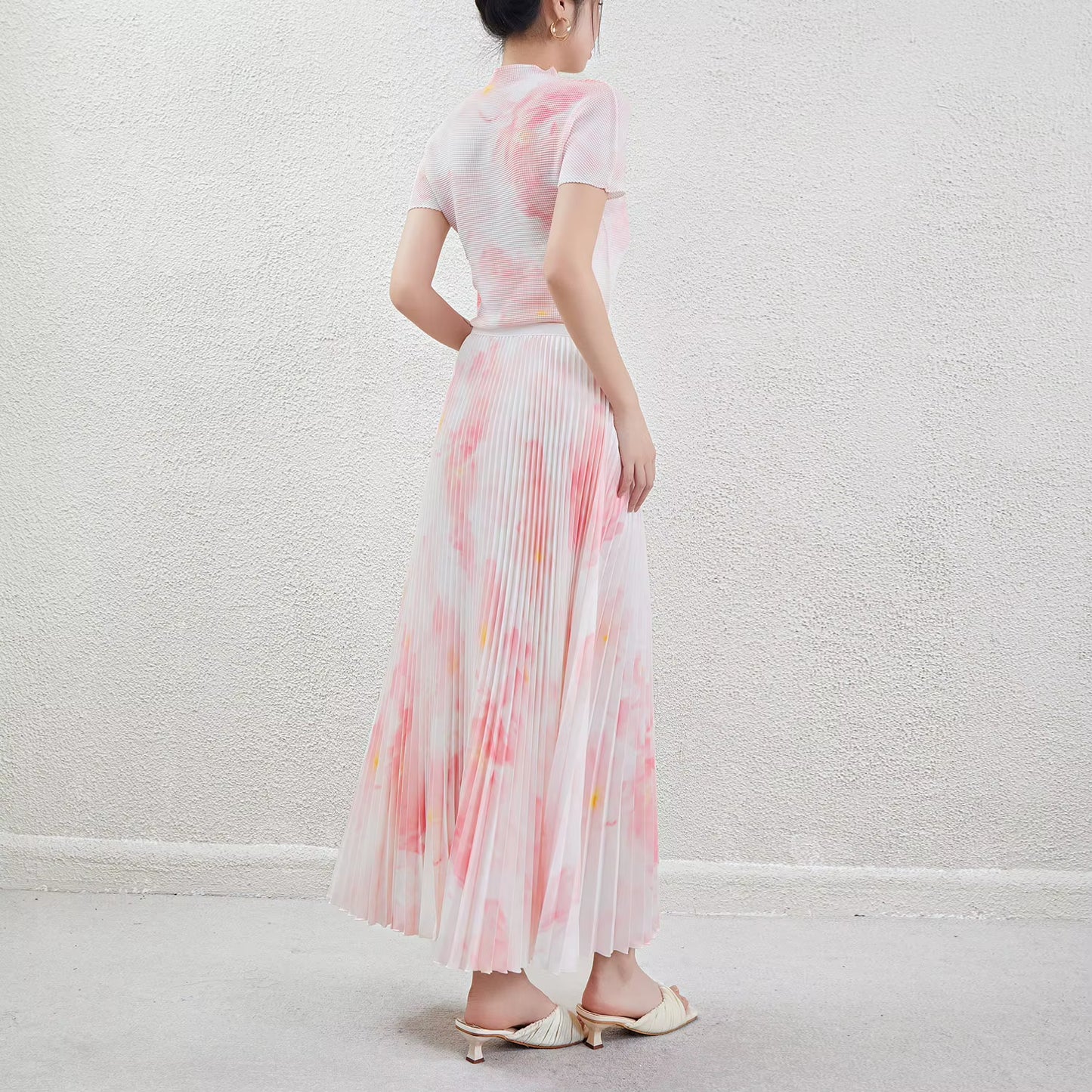 Summer Women'S Fashionable Printed Pleated Set Shirt Stretch Polyester Top Flower Printed Pleated Skirt Two-Piece Set