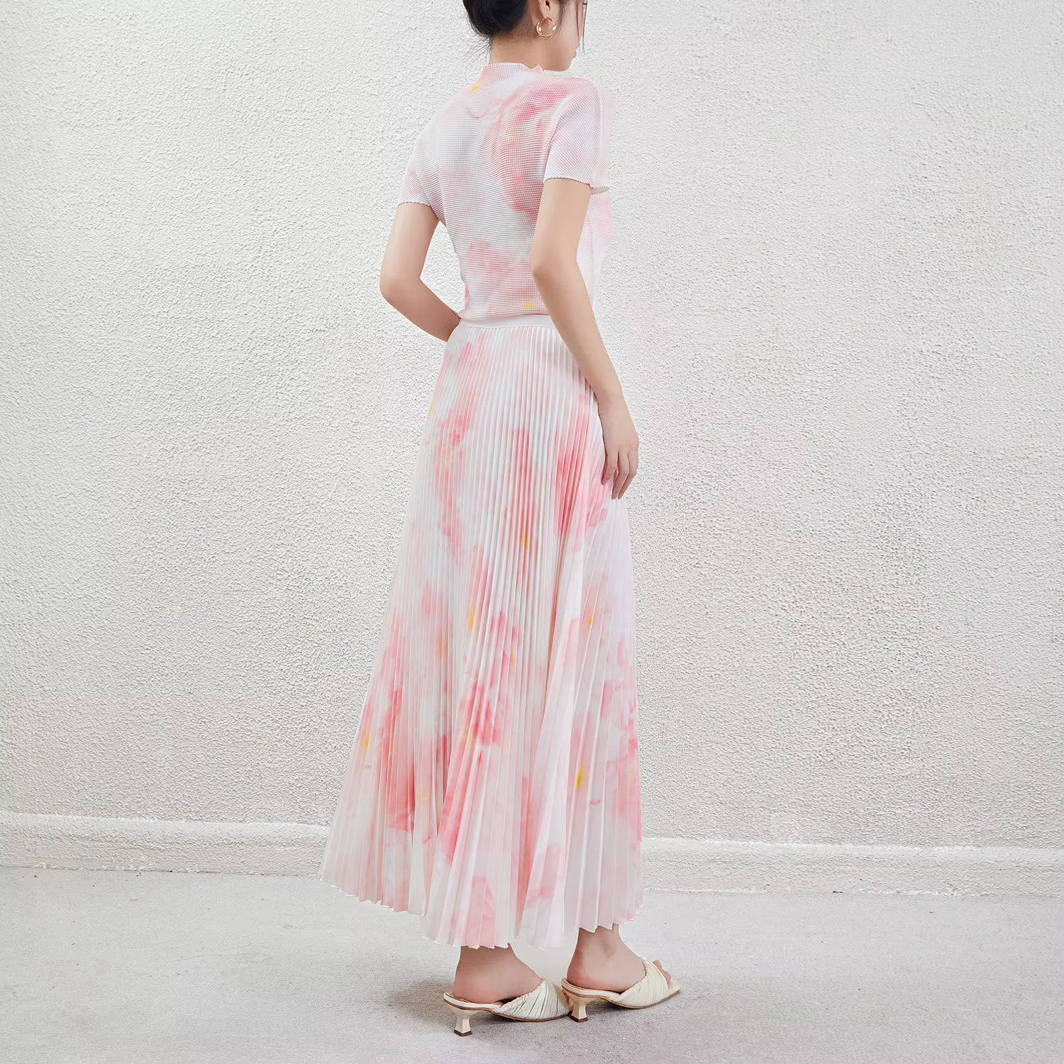 Summer Women'S Fashionable Printed Pleated Set Shirt Stretch Polyester Top Flower Printed Pleated Skirt Two-Piece Set