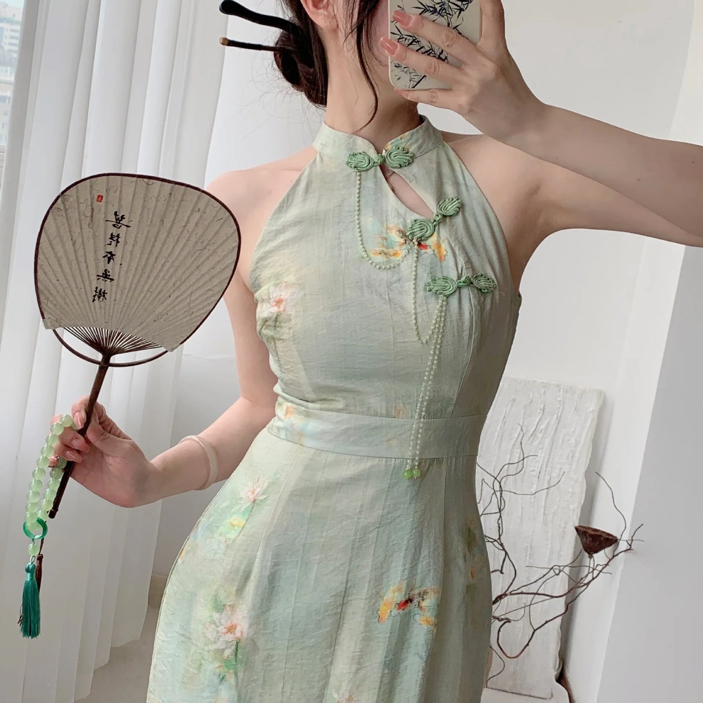 Vintage Qipao Dress Sleeveless High Slit Silk Cheongsam