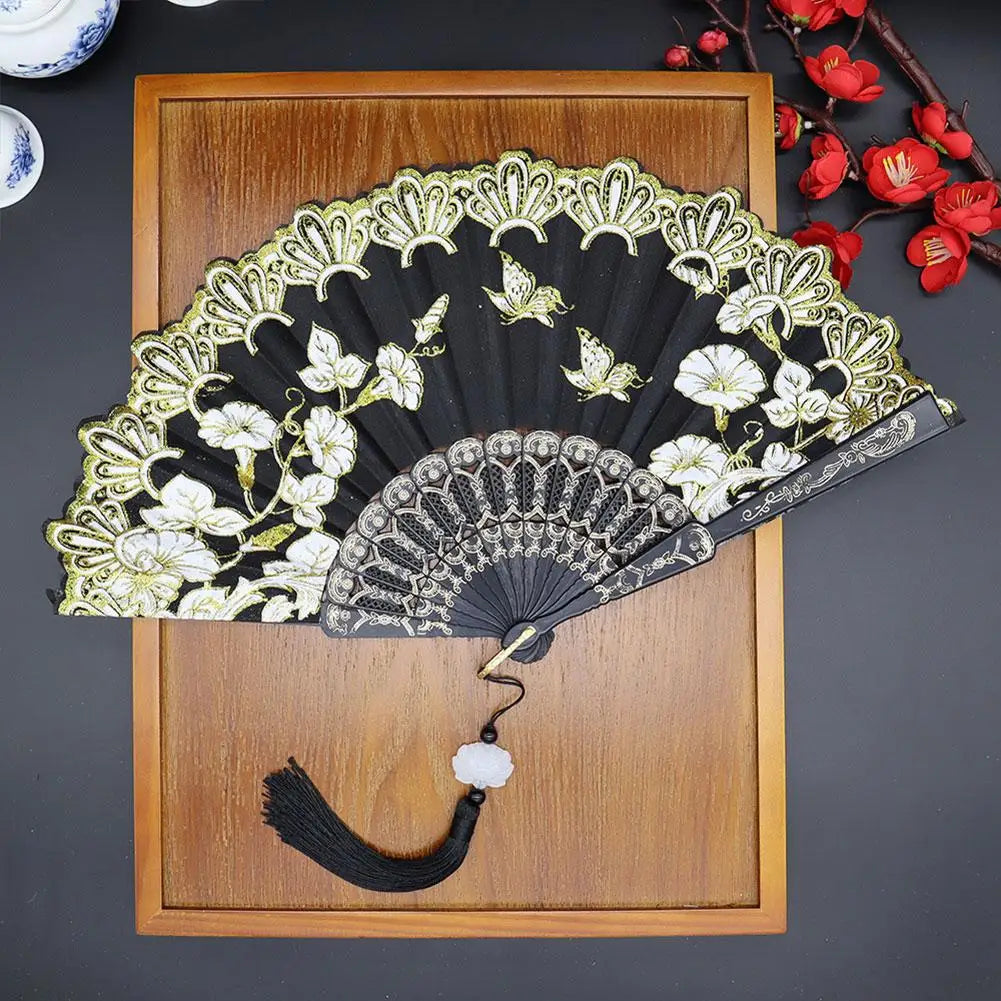 Chinese Luxury Gliding Folding Fan Wedding Bridal Fan Dance Performance Props Retro Floral Glitter Butterfly Fans Crafts