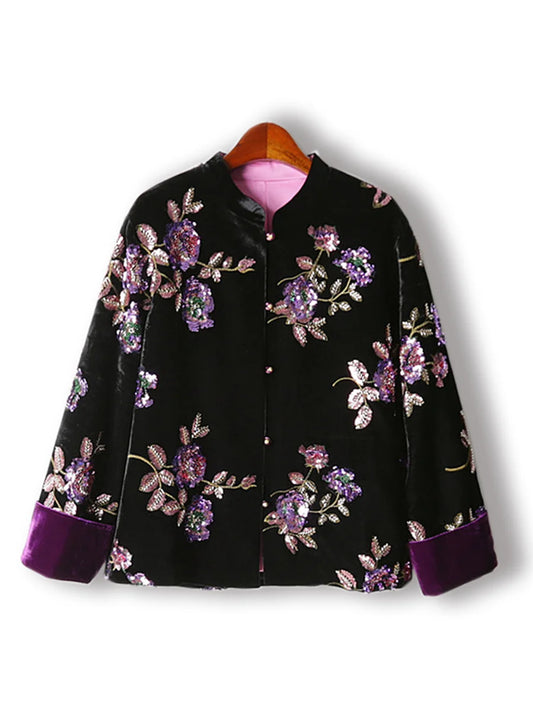 Vintage Beaded Velvet Jacket Women New Chinese Style Floral Embroidery Spring Autumn 2026 Designer plus Size Fashion Outerwear