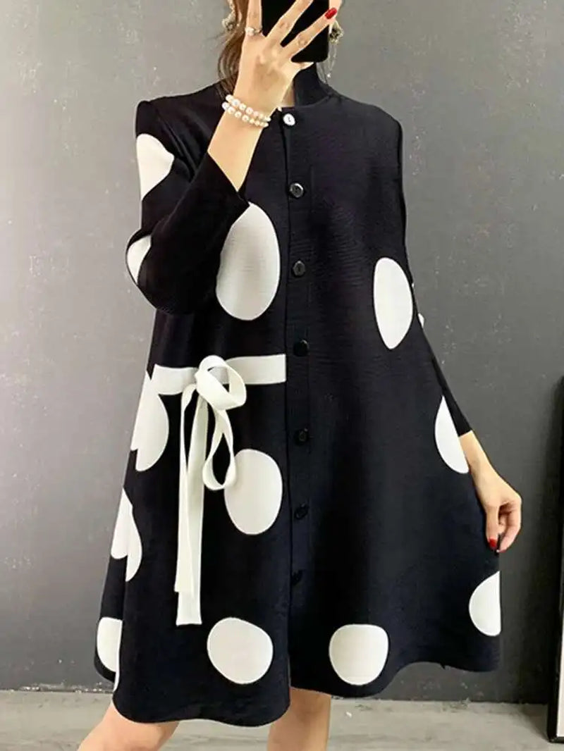 Stand Collar Pleated Dress 2025 Autumn Single Breasted Drawstring Dot Printing Festival Clothing Women Elegant 25D1062