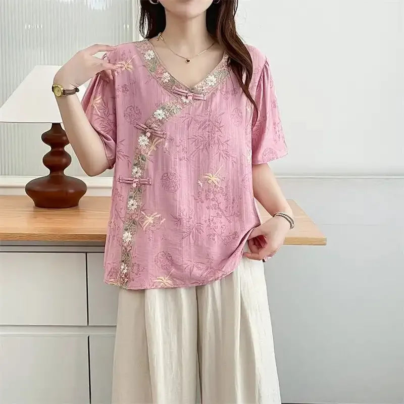 Women'S Vintage Bamboo Print Cheongsam Collar Linen Blouse Casual 3/4 Sleeve Tunic Top
