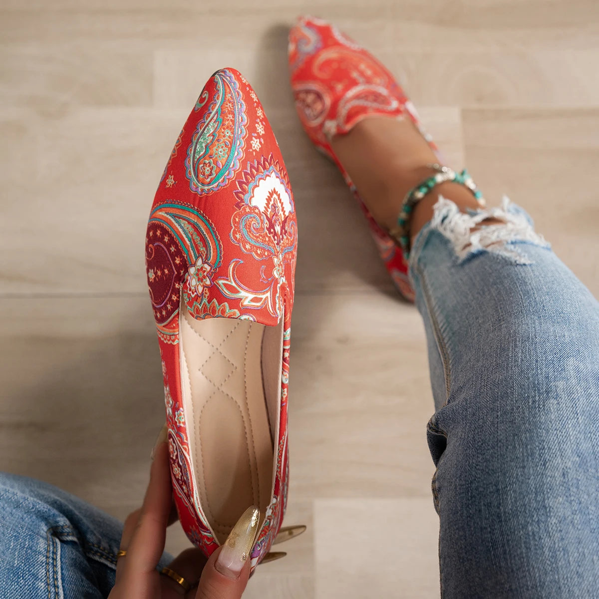 Boho Red Paisley Pointed Toe Flats