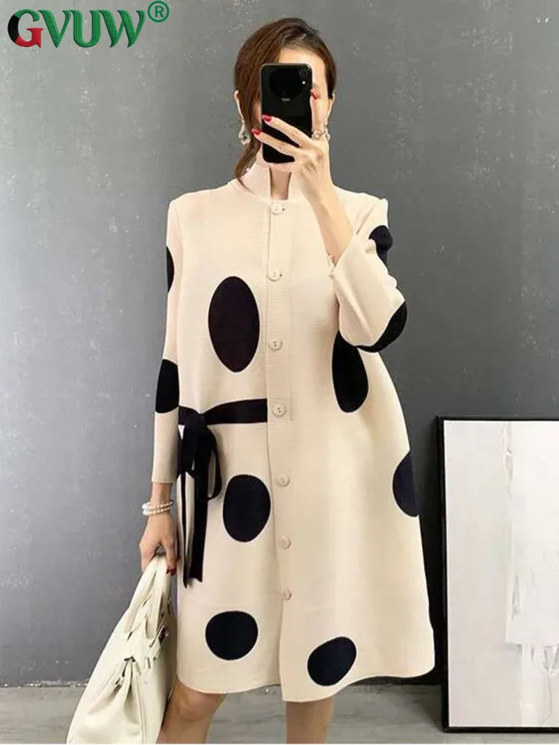 Stand Collar Pleated Dress 2025 Autumn Single Breasted Drawstring Dot Printing Festival Clothing Women Elegant 25D1062