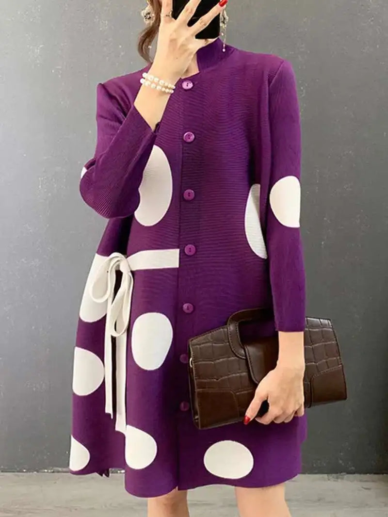 Stand Collar Pleated Dress 2025 Autumn Single Breasted Drawstring Dot Printing Festival Clothing Women Elegant 25D1062